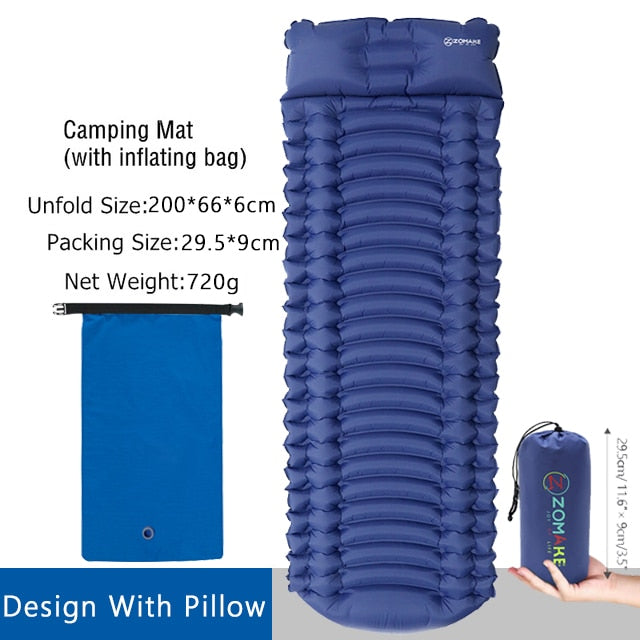 Zomake Foot Pressing Sponge Infalatable Air Camping Mattres Large  200*66cm Comfortable  Outdoor Sleeping Pad Hiking With TPU